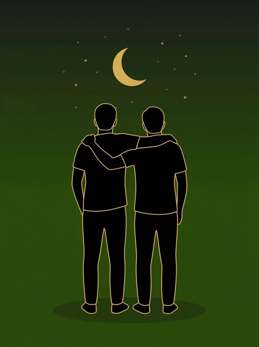 Silueta de dos amigos de espaldas, con un brazo sobre el hombro del otro, mirando una luna dorada en creciente sobre un cielo estrellado verde oliva