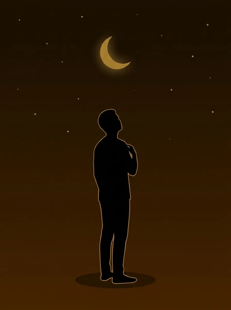 Silueta de una persona de pie con la mano en el pecho, mirando una luna dorada en creciente sobre un cielo estrellado color café