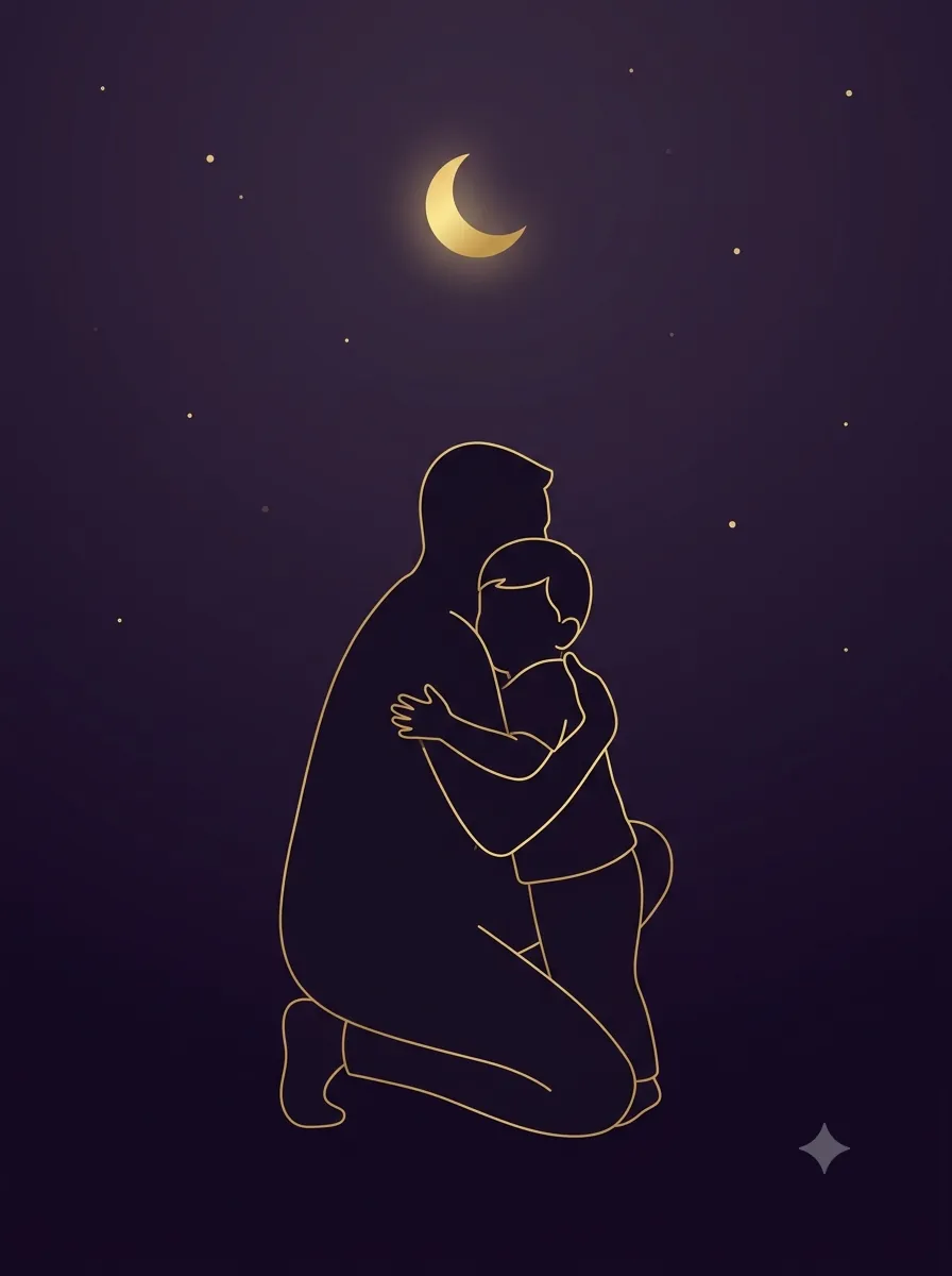 Silueta de un adulto arrodillado abrazando a un niño pequeño bajo una luna dorada en creciente, sobre un cielo estrellado color índigo