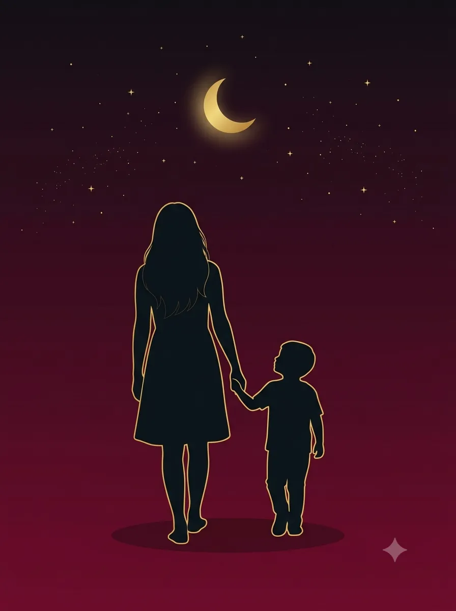 Silueta de una mamá caminando de la mano de su hijo bajo una luna dorada en creciente, sobre un cielo estrellado color granate