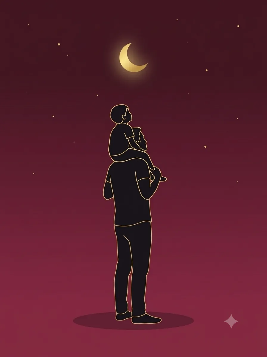 Silueta de un papá de pie con su hijo sentado sobre los hombros, mirando una luna dorada en creciente, sobre un cielo estrellado color frambuesa