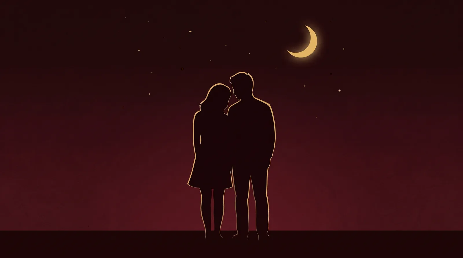 Pareja de espaldas en silueta dorada, abrazados bajo una luna en creciente y un cielo estrellado color vino